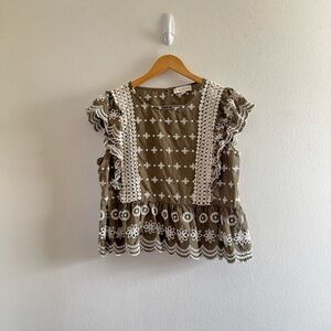 Jennifer & Grace Olive Green Embroidered Eyelet Peplum Top size Large